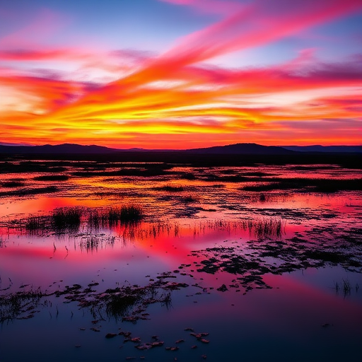 Create a high-resolution image of a serene landscape at sunset with vibrant orange and purple skies, reflecting on calm water, using a DSLR camera, 50mm lens, f/1.8 aperture, ISO 100, captured from eye level view, in portrait orientation with soft focus.