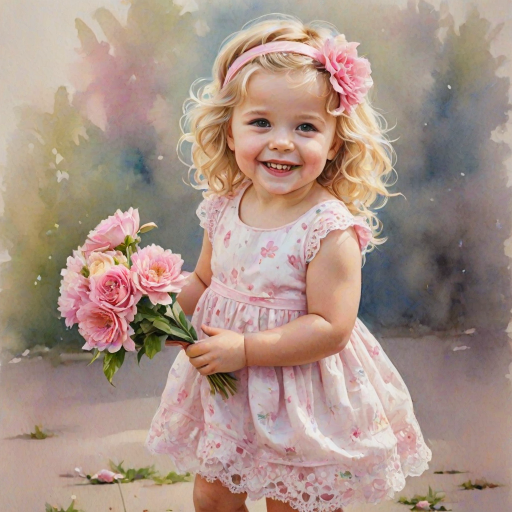 hyperrealism happy smiling toddler girl with messy wavy blonde hair with a headband, she is wearing a pink and white lace dress with pink and white shoes, she is holding a pink bouquet of flowers. Pink flowers and butterflies. summer background. Watercolor Highly detailed