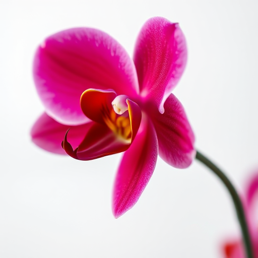 Create an ethereal image of a red orchid with soft, blurred edges on a white background, using a macro lens at f/2.8, 1/125 sec exposure, ISO 100, shot from an overhead angle with a DSLR camera for enhanced depth and detail.