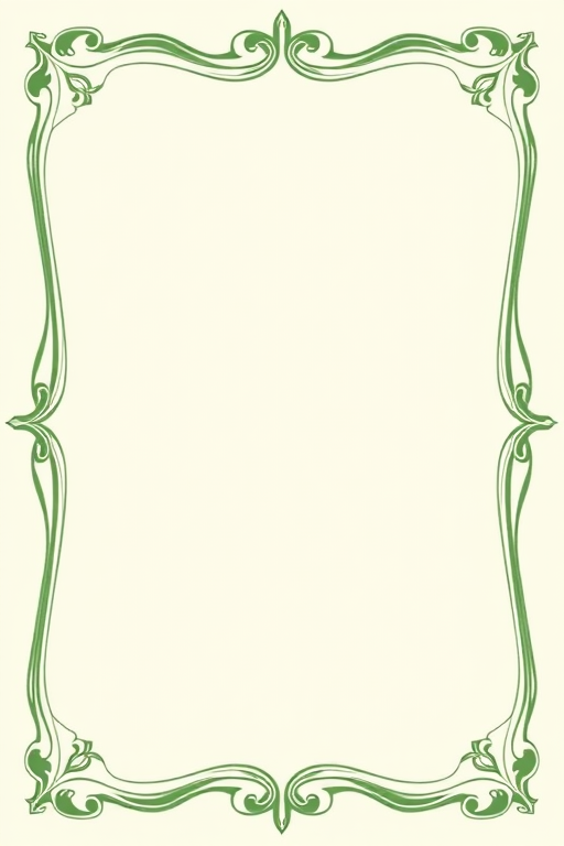 Create a blank certificate style document with a subtle light green background, ornate wavy borders in darker green, high-resolution, shot with a DSLR camera at f/4 aperture, 50mm lens, in a soft diffused light.