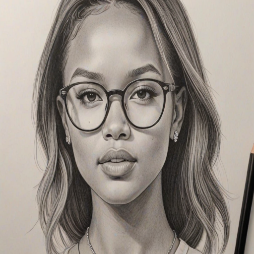 Appealing Karrueche Tran, pencil sketch, portrait of Stunning woman 1962s in glasses, hair style beatnik, outline, clear lines, fine lines, 8k