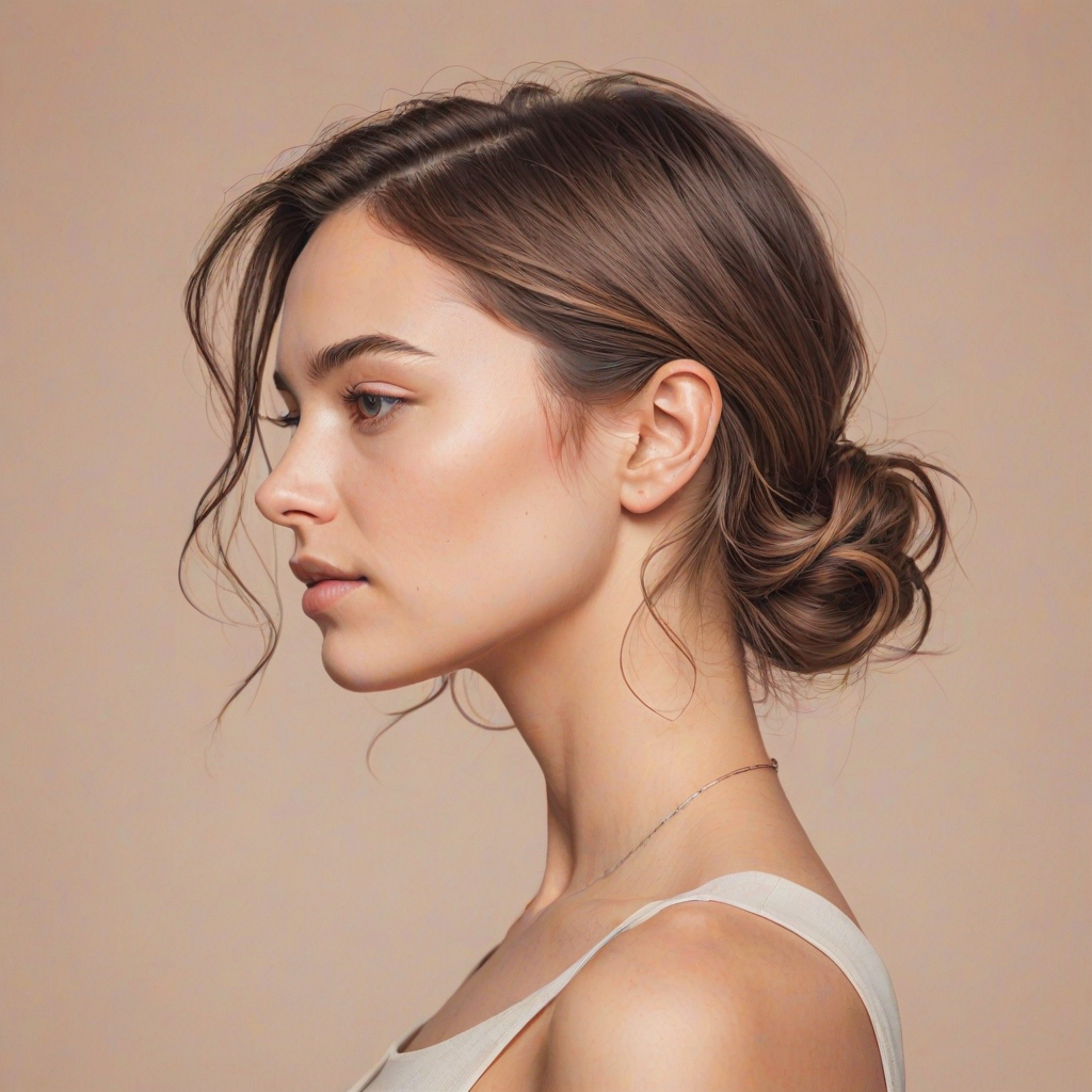 Create a minimalist line art illustration of a woman in profile against a solid pastel background, using a Canon EOS R5 with a 50mm f/1.2 lens, aperture set to f/2.8, ISO 100, and a soft focus effect for smooth skin tones and gentle color gradients.