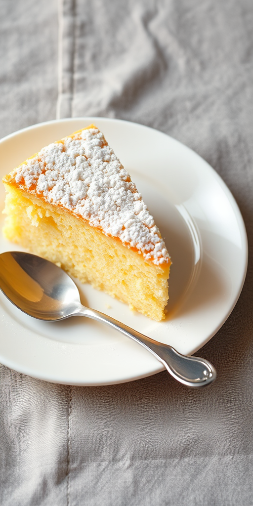 A slice of light and fluffy yellow cake on a white plate dusted with powdered sugar served with a silver spoon on a gray linen tablecloth.