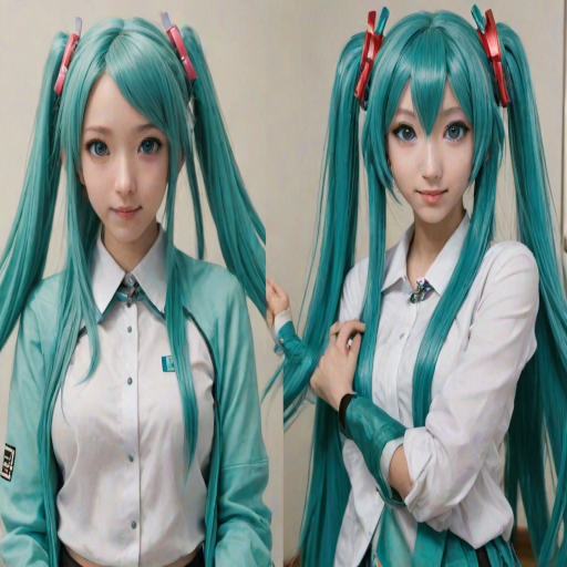 SuchFailSelfie, a portrait comparison of Realistic photo portrait Hatsune Miku wearing the same cloth, Top is she good looking portrait.