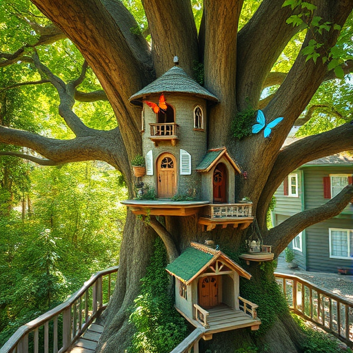 Regenerate a whimsical treehouse nestled in an ancient tree surrounded by lush greenery, with intricate architecture featuring multiple small homes, vibrant butterflies, and dappled sunlight filtering through the leaves, captured with a Canon EOS R5, 24mm lens, f/2.8, ISO 100, with soft focus and high dynamic range.