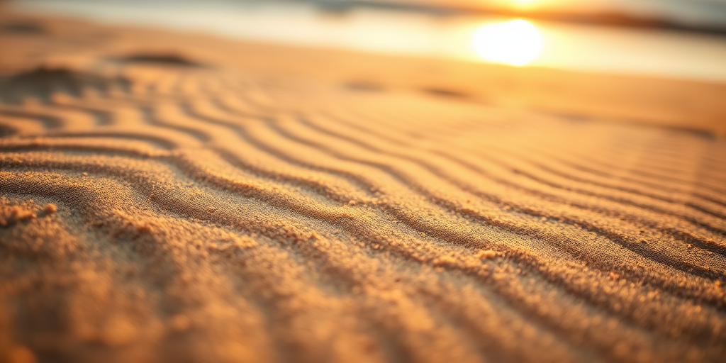 close-up of textured sand with ripples and patterns, shot in natural light at sunset, using a Canon EOS R5 with a 50mm lens, aperture f/2.8, shutter speed 1/125s, ISO 100, shallow depth of field for a blurred background.
