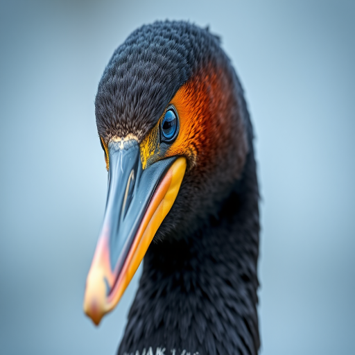 Capture a close-up portrait of a cormorant, showcasing its vibrant blue eye and striking orange throat, with soft background bokeh, shot on a DSLR camera with a 300mm lens at f/2.8, ISO 200, and a shutter speed of 1/500s for sharp detail.
