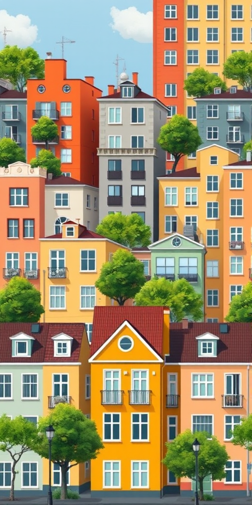 Create a seamless vector pattern of colorful urban buildings with trees and street lamps, using a top-down view with a 50mm lens, f/8 aperture, ISO 200, and natural lighting to enhance clarity and detail.
