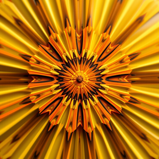 Create a vibrant starburst design with multiple layers of yellow, orange, and brown, using a DSLR camera with a 50mm lens, f/1.8 aperture, ISO 100, and a shallow depth of field to enhance colors and details.