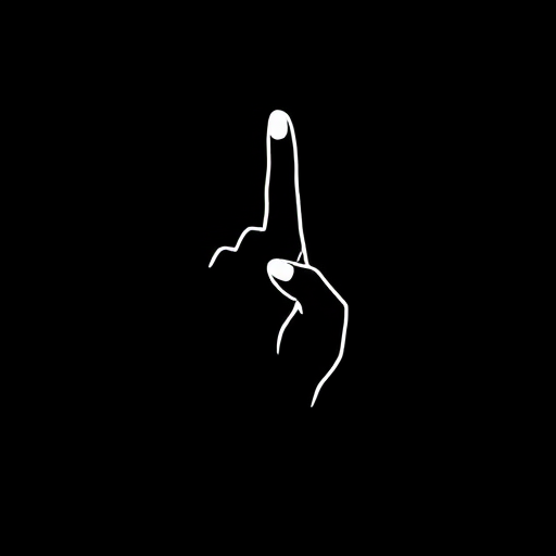 create a minimalist graphic design featuring a white hand silhouette on a black background, focusing on the index finger pointing upwards, use a high-resolution setting of 300 DPI, capture from a frontal view using a digital camera style with a 50mm lens at f/2.8 aperture, ensure sharp contrast and clarity in the image.