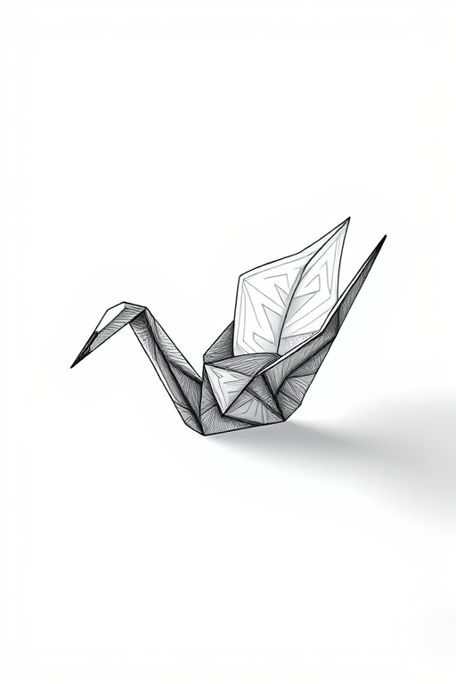 Create a highly detailed and intricate illustration of a paper crane in a minimalistic style with a soft-focus background, using a DSLR camera with a 50mm lens at f/1.8, ISO 100, and a shallow depth of field for enhanced clarity.