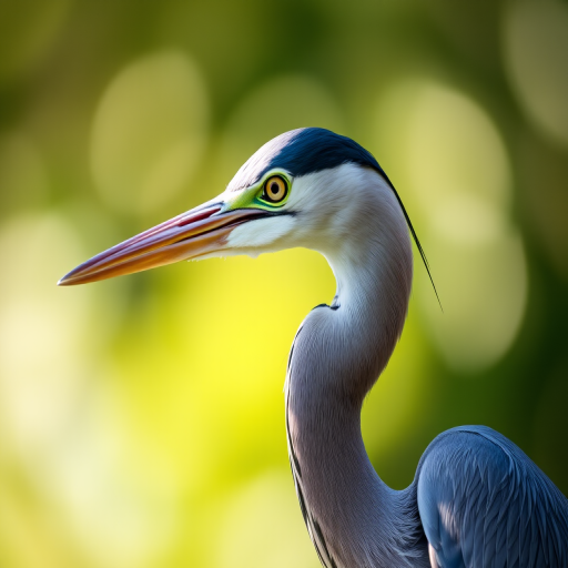 heron portrait, shallow depth of field, 85mm lens, aperture f/1.8, ISO 200, natural light, focus on eye detail, soft bokeh background, DSLR camera, side profile view