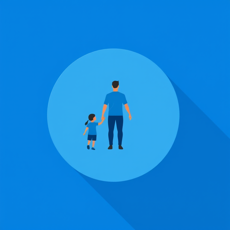 Create a minimalistic icon of a man and a child holding hands, centered within a circular blue background, using a 50mm lens at f/8, ISO 100, with a high Dynamic Range (HDR) effect, in a flat design style, captured with a DSLR camera.