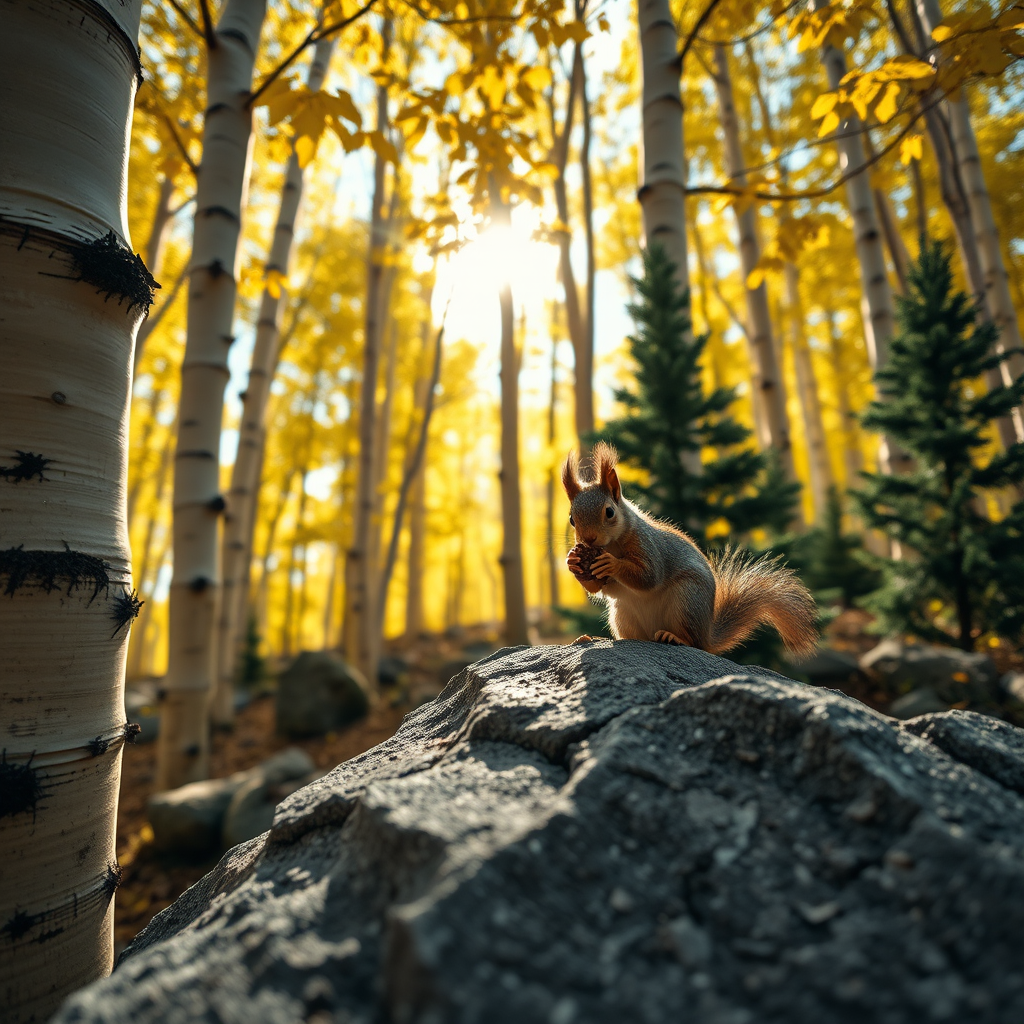 HD 8k close up of aspen trees , make the leaves have a bright but deep glowing effect, add black lines to highlight and detail the bark and leaves. The sun shines through a portion. Add some rock formations scattered throughout the forest area.  Place a squirrel close up on the rock formation. The view is eye level with the squirrel. The squirrel is cute and plump while he is trying to open a pine cone. Add a few dark green pine trees randomly.
