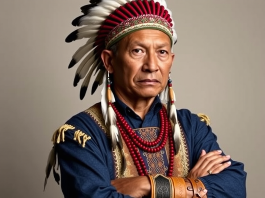 Create a dignified portrait of a Native American man dressed in traditional attire. He wears a beautifully crafted headdress adorned with white feathers and red beads, along with a beaded headband featuring intricate patterns. His clothing includes a deep blue, patterned shirt and a traditional chest piece with detailed beadwork. His arms are crossed, displaying leather armbands decorated with feathers. The background is simple and neutral, emphasizing his proud and stoic expression. The overall image captures the rich cultural heritage and strength of his persona.