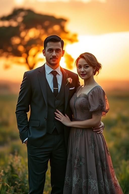 Create a majestic sunset portrait of a couple, with the man in a tailored suit and the woman in a vintage dress, standing in a lush countryside setting, golden hour lighting, soft focus background, taken with a Canon EOS R5, 85mm f/1.2 lens, at ISO 100, aperture f/1.8, shutter speed 1/200 sec.