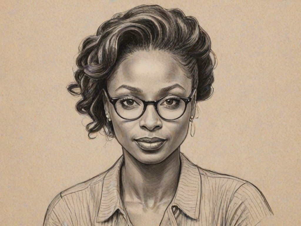 Attractive Shanola Hampton, pencil sketch, portrait of Fetching woman 1939s in glasses, hair style beatnik, outline, clear lines, fine lines, 8k
