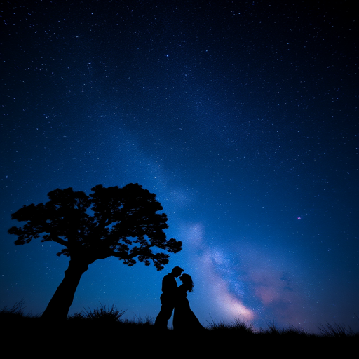 Create a silhouette image of a couple embracing under a starry night sky with a prominent tree, using a DSLR camera, 24mm lens, f/2.8 aperture, ISO 800, 30-second exposure, capturing the Milky Way in the background with deep blues and purples in the color palette.