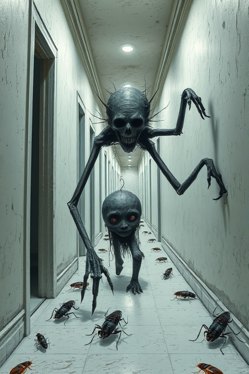 a crooked female with long arms and a creepy smile is crawling along a long white corridor and you can also see cockroaches in it there is a creepy atmosphere creepy art style