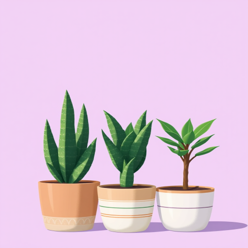 Create a digital illustration of three potted plants with varying heights and textures against a soft purple background, using a high-resolution camera setting of 300 DPI, a macro lens for detailed close-ups, a focused view to enhance plant details, and a digital art style for vibrant colors and sharp contrasts.