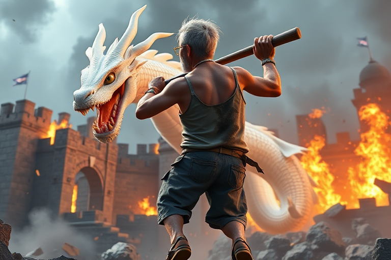 Cartoon 3D High-Resolution,dynamic battle scene using Unreal Engine 5 and Octane Render. The scene features back of an elderly, thai man with a beard,messy hair and round golden-rimmed glasses. He is wearing a tattered tank top with soot marks, shorts, and sandals. sweating. he wields a baseball bat. He jump to fight with a white fire-breathing Europe dragon amidst a partially destroyed stone castle. Include intense flames, smoke, and debris to enhance the dramatic effect.