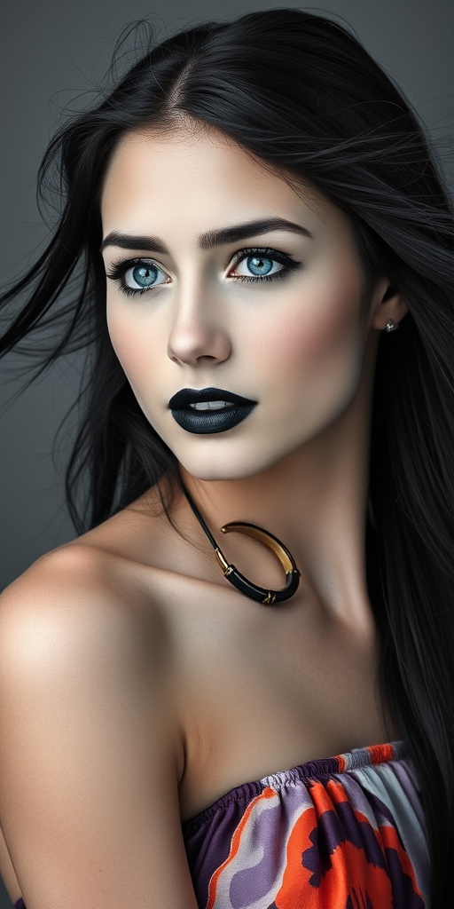 Photographic image of a beautiful young Native American woman, blue eyes, lips with black lipstick, long hair fluttering in the wind and wearing a silk strapless dress with a soft purple and orange print. monochrome image with only color highlights in the iris of the eyes, lipstick and dress. Gray background.