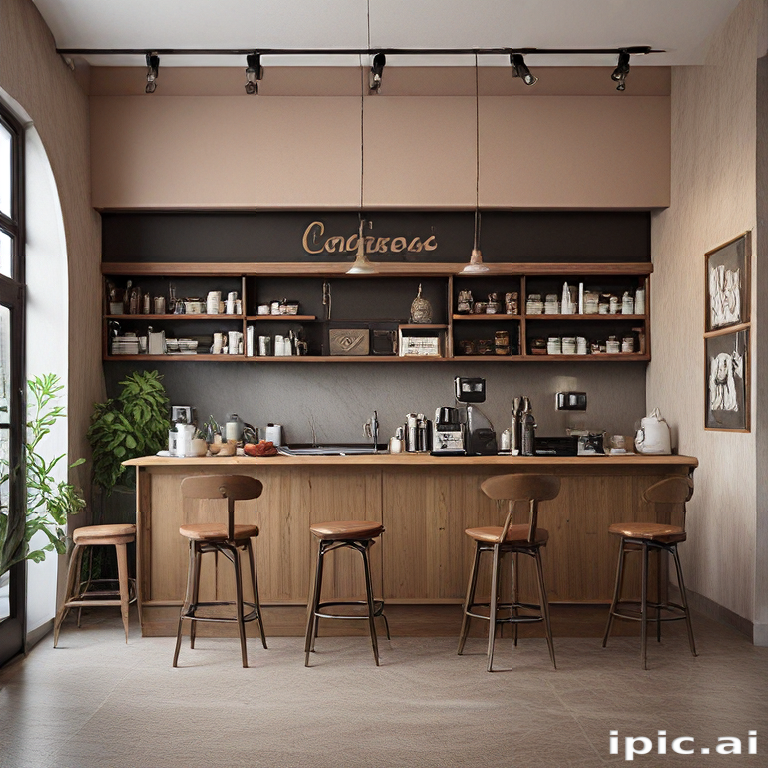 Cozy Coffee Shop Interior with Wooden Bar and Stylish Decor Elements