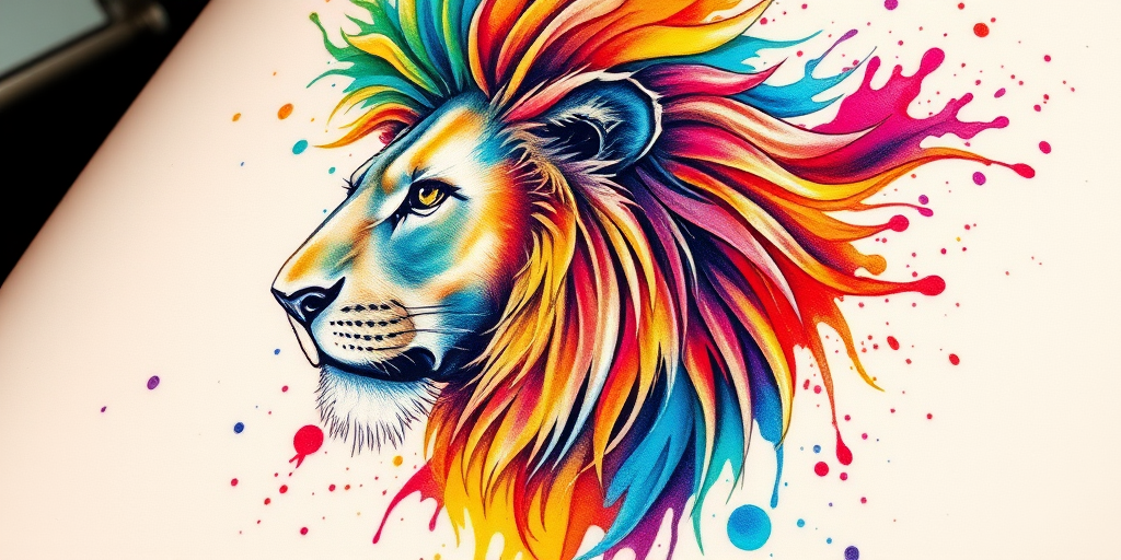 Watercolor splash tattoo depicting a majestic lion with a flowing mane of vibrant rainbow hues, seamlessly blending realism and abstract expressionism for a stunning artistic piece