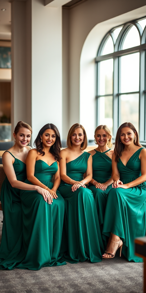Five women in elegant green dresses seated together in a stylish interior, soft natural lighting, 50mm lens, aperture f/2.8, shallow depth of field, portrait style, DSLR camera.
