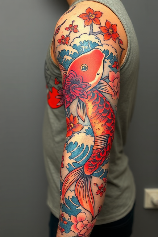 Bold traditional Japanese koi fish tattoo in rich reds and blues, swimming through stylized waves and cherry blossoms, covering the entire sleeve in a dynamic and culturally significant design