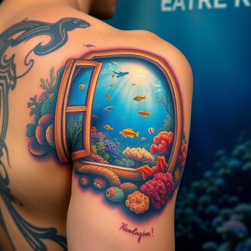 Hyper-realistic 3D tattoo on the shoulder blade, creating the illusion of a window opening to reveal a breathtaking underwater scene with coral reefs and tropical fish