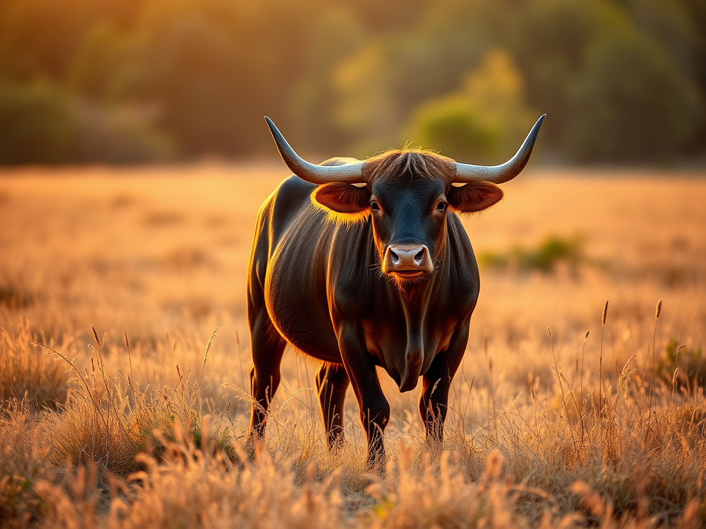 Create an image of a standing bull in a grassy field during golden hour with a Canon EOS-1D X Mark III camera, aperture set to f/2.8, ISO 100, shutter speed 1/500 sec, using a shallow depth of field and a slightly elevated angle view.