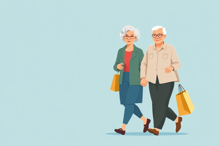 Create an illustration of two elderly people walking hand in hand, with one carrying a shopping bag, in a minimalist flat design style on a soft blue background, use a digital camera setting of 50mm lens, f/1.8 aperture, and soft lighting effect for clarity and detail.