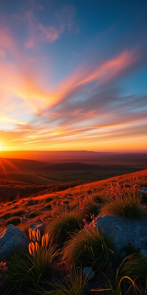 Create a high-resolution image of a serene landscape during golden hour with vibrant colors, ISO 100, f/8 aperture, 1/200 second shutter speed, captured with a DSLR camera using a wide-angle lens from a low angle view.