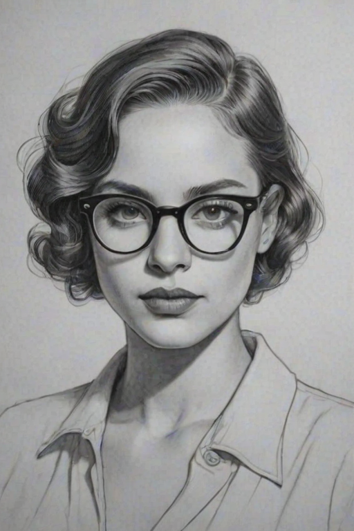 Stunning Dasha Polanco, pencil sketch, portrait of Magnificent woman 1921s in glasses, hair style beatnik, outline, clear lines, fine lines, 8k