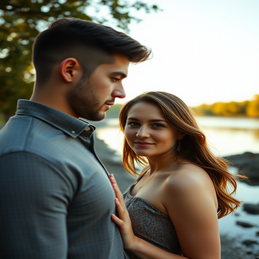 regenerate an intimate portrait of a couple standing near a river, soft golden hour lighting, shallow depth of field, ISO 100, f/2.8 aperture, 50mm lens, DSLR camera, focus on their facial expressions, background slightly blurred to emphasize the subjects