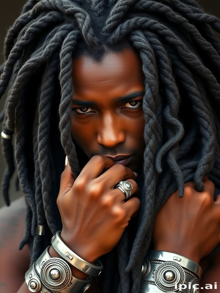 Luxurious charcoal gray dreadlocks adorned with silver cuffs and rings, exuding strength and cultural pride, known as "Obsidian Warrior"