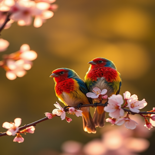 a pair of colorful birds perched on a cherry blossom branch with a dreamy bokeh background, soft golden sunlight filtering through, macro lens, f/2.8, ISO 100, 50mm, shallow depth of field, DSLR, vibrant colors
