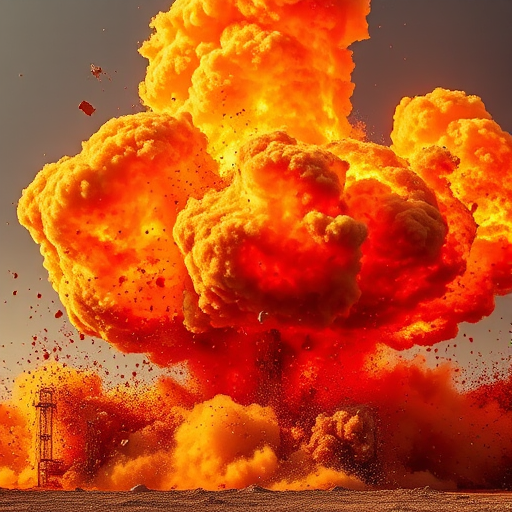 Create a high-resolution image of an explosion with vibrant orange and red colors, emphasizing the shockwave and debris, captured with a DSLR camera at f/8 aperture, ISO 100, 1/200s shutter speed, from a dynamic angle to enhance depth and detail.