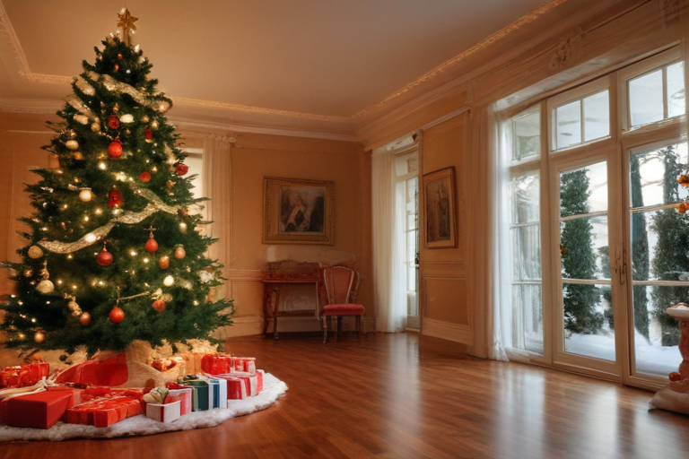 Elegant Christmas Tree Decorated with Lights and Gifts in Cozy Living Room