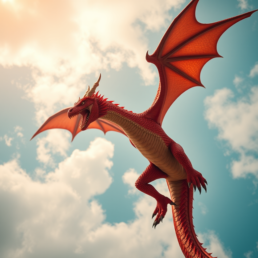 a majestic red dragon soaring through the sky with outstretched wings, highly detailed scales and textures, vibrant colors, shot with a Canon EOS R5, 24mm lens, f/2.8 aperture, ISO 100, in a low-angle view for dramatic effect and enhanced clarity, studio lighting for depth and contrast