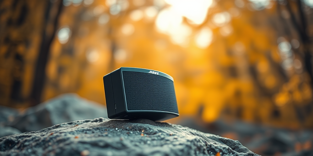 a close-up shot of a Bose speaker resting on a textured rock, with soft bokeh background of golden autumn trees, using a Canon EOS R5, 50mm f/1.8 lens, aperture set to f/2.8, ISO 100, positioned at eye level for a natural perspective, warm color grading for enhanced vibrancy