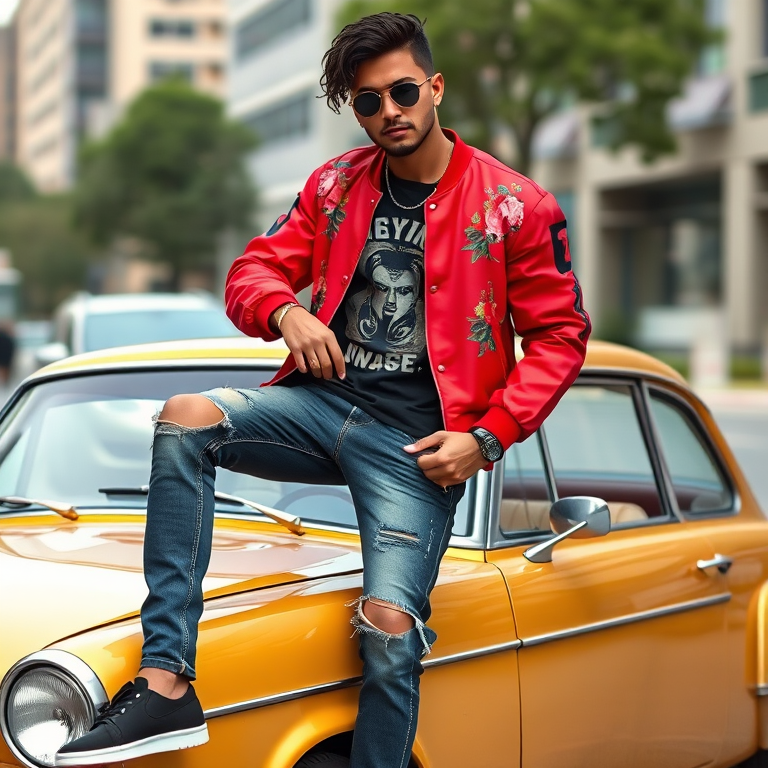 A stylish individual wearing a vibrant red bomber jacket with floral patterns, black graphic t-shirt, and unique distressed jeans, posing confidently on a gold vintage car in an urban setting.