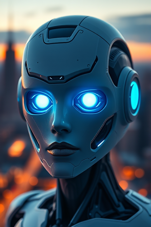Create a futuristic portrait of a humanoid robot with glowing blue eyes, set against a city skyline at dusk, captured in 4K resolution using a DSLR camera at f/2.8 aperture, ISO 100, 50mm lens, in a close-up view with soft lighting and high contrast.