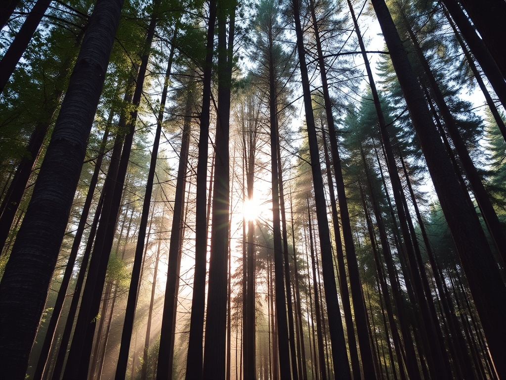 Create an image of a dense forest with sunlight filtering through tall trees, a focus on the interplay of light and shadow, taken with a DSLR camera at f/4, ISO 200, shutter speed 1/125 sec, in a portrait view with a shallow depth of field to enhance the texture of the bark and leaves.