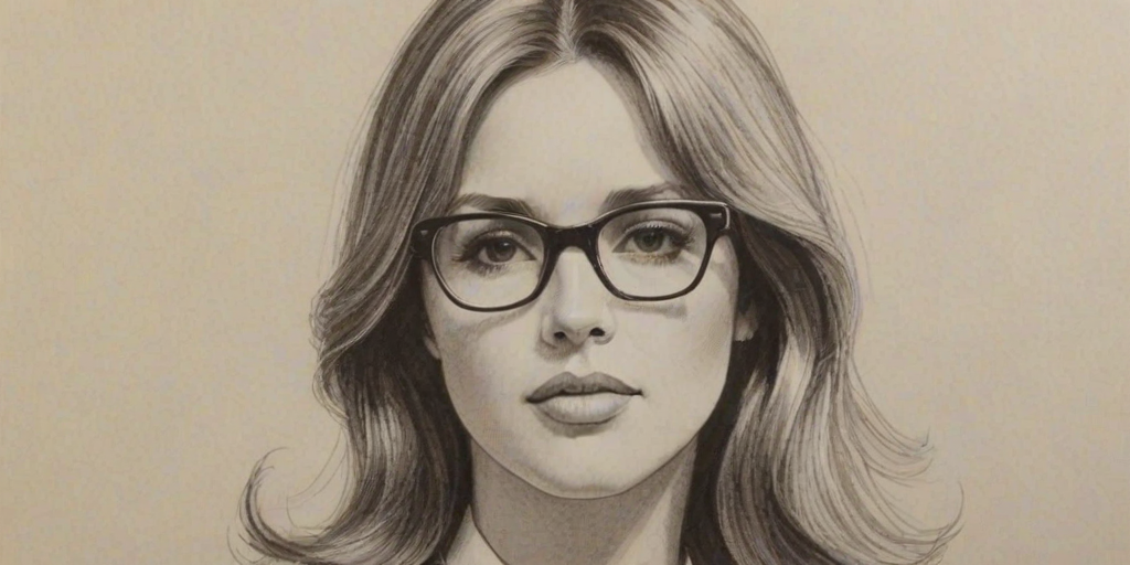 Stunning Chevy Chase, pencil sketch, portrait of Graceful woman 1965s in glasses, hair style beatnik, outline, clear lines, fine lines, 8k