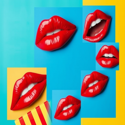 Create a vibrant collage featuring bold colors and patterns with a focus on shiny red lips and a playful graphic style, shot with a Canon EOS R5 at f/2.8, ISO 100, and a wide-angle lens from a slightly overhead angle to capture the entire composition clearly.