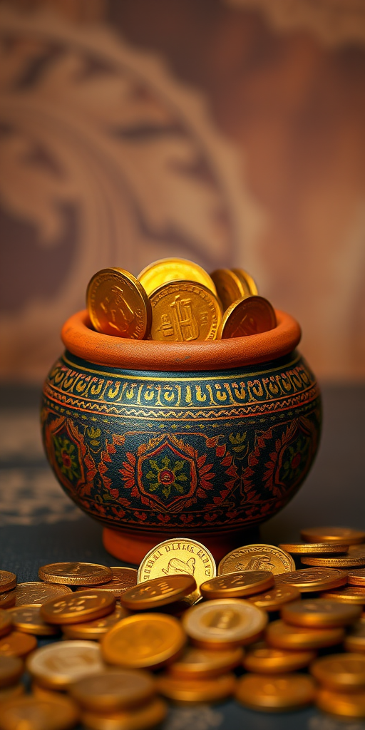 Generate an image of a decorative clay pot filled with gold coins, with intricate designs on the pot's surface, using a 50mm lens, f/1.8 aperture, soft focus background, and studio lighting to enhance the colors and details.