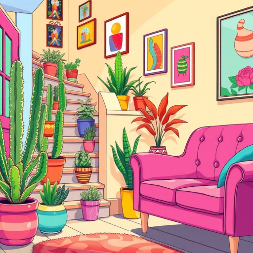 Create a vibrant illustration of a cozy interior scene featuring a pink upholstered sofa on the right, next to a staircase with colorful potted plants like a cactus and other greenery, bright wall art in frames above the staircase, use a digital art style with vivid colors and clear outlines, camera settings: 35mm lens, f/4 aperture, ISO 100, natural lighting, shoot from a wide angle to capture the whole scene.