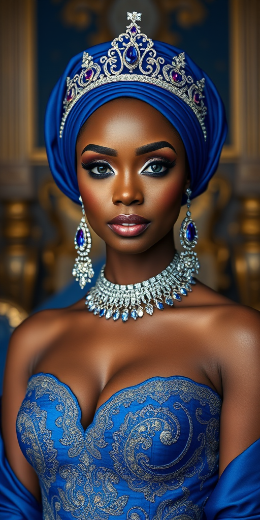 A gorgeous Hausa woman in a luxurious blue gown, accessorized with a dazzling tiara and statement earrings, her deep blue eyes highlighted by impeccable makeup, poised in a royal setting, photorealistic, 8K quality